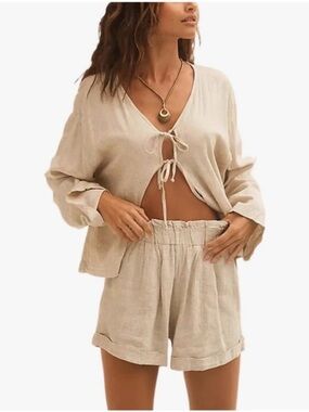 Light Beige Linen Tie-Front Top & Shorts Set